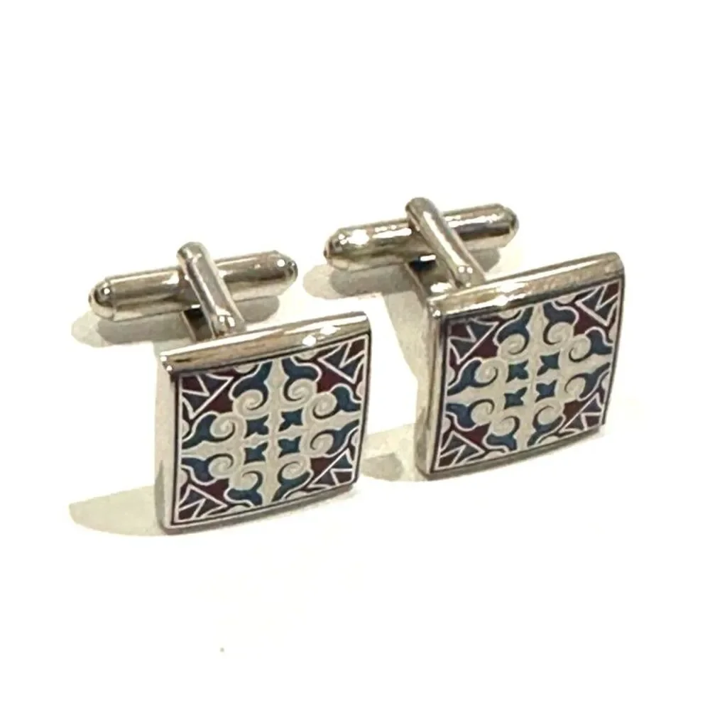 Andalusian Tile Enamel Cufflinks – Silver-Tone